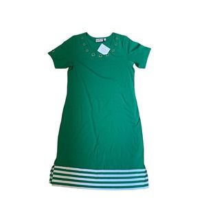 Quacker Factory S Small Knit Green Dress Striped Hem Gold Grommets Knee Length